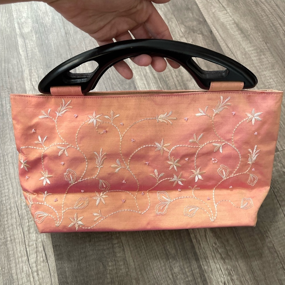 Sakura Saigon orange pink floral embroidered iridescent silk satchel bag Y2K